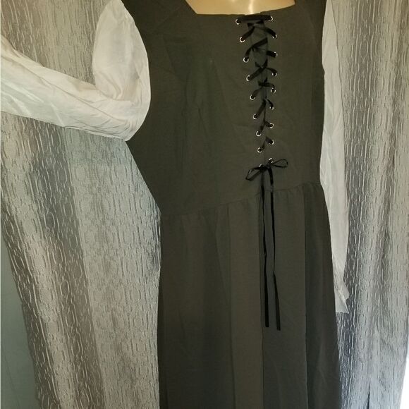 Colonial Contrast Color Dress Square Neck A-Line Dress green - Picture 9 of 15